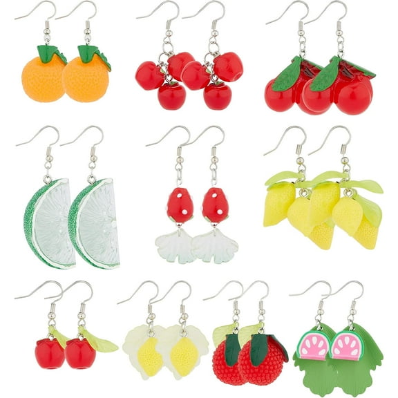 1 Box DIY 10 Pairs Fruits Dangle Earring Making Kits Lemon Orange Waxberry Cherry 3D Strawberry Leaf Resin Charms Pendants Earring Hooks Jump Rings for DIY Making Supplies Craft Colorful