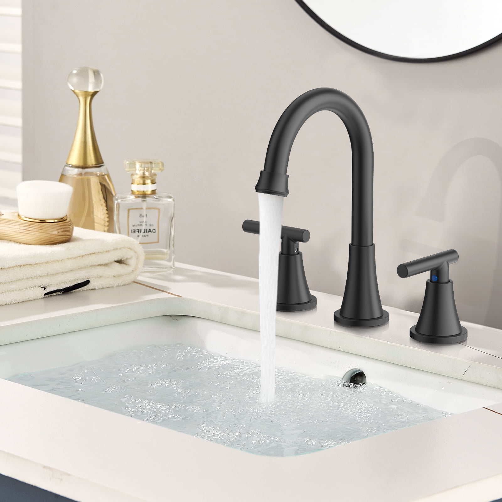 KINGTACK Bathroom Faucet for Sink 3 Hole, 8 Inch Bathroom Faucets with Pop-up Drain and Supply Lines, Matte Black