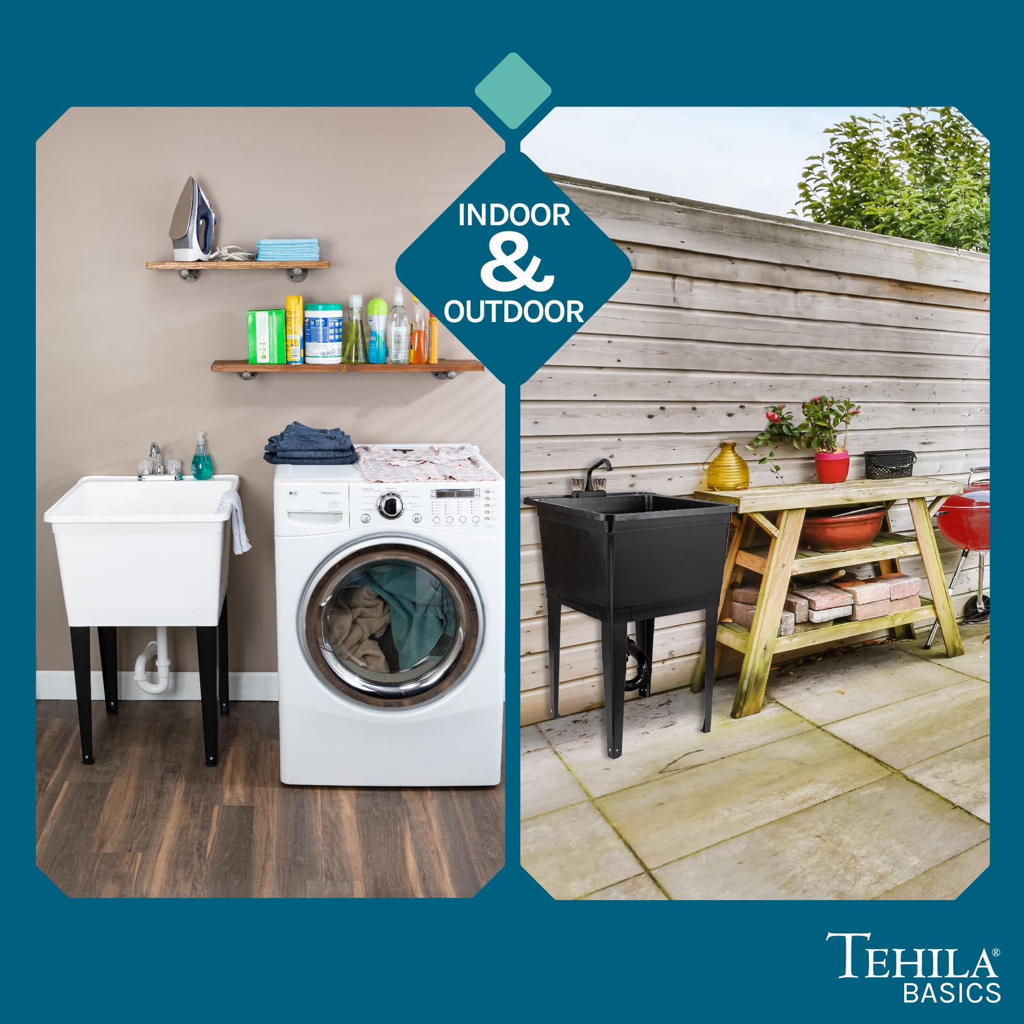 Tehila Black Freestanding Utility Sink with Rust-Proof Steel Legs and Adjustable Levelers for Laundry Room