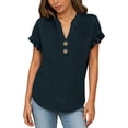 thumbnail image 5 of CYMMPU Women's Summer Solid Color Cotton Linen Button Front Blouse, Casual Loose Lightweight Short Sleeve Top Navy XXL, 5 of 7