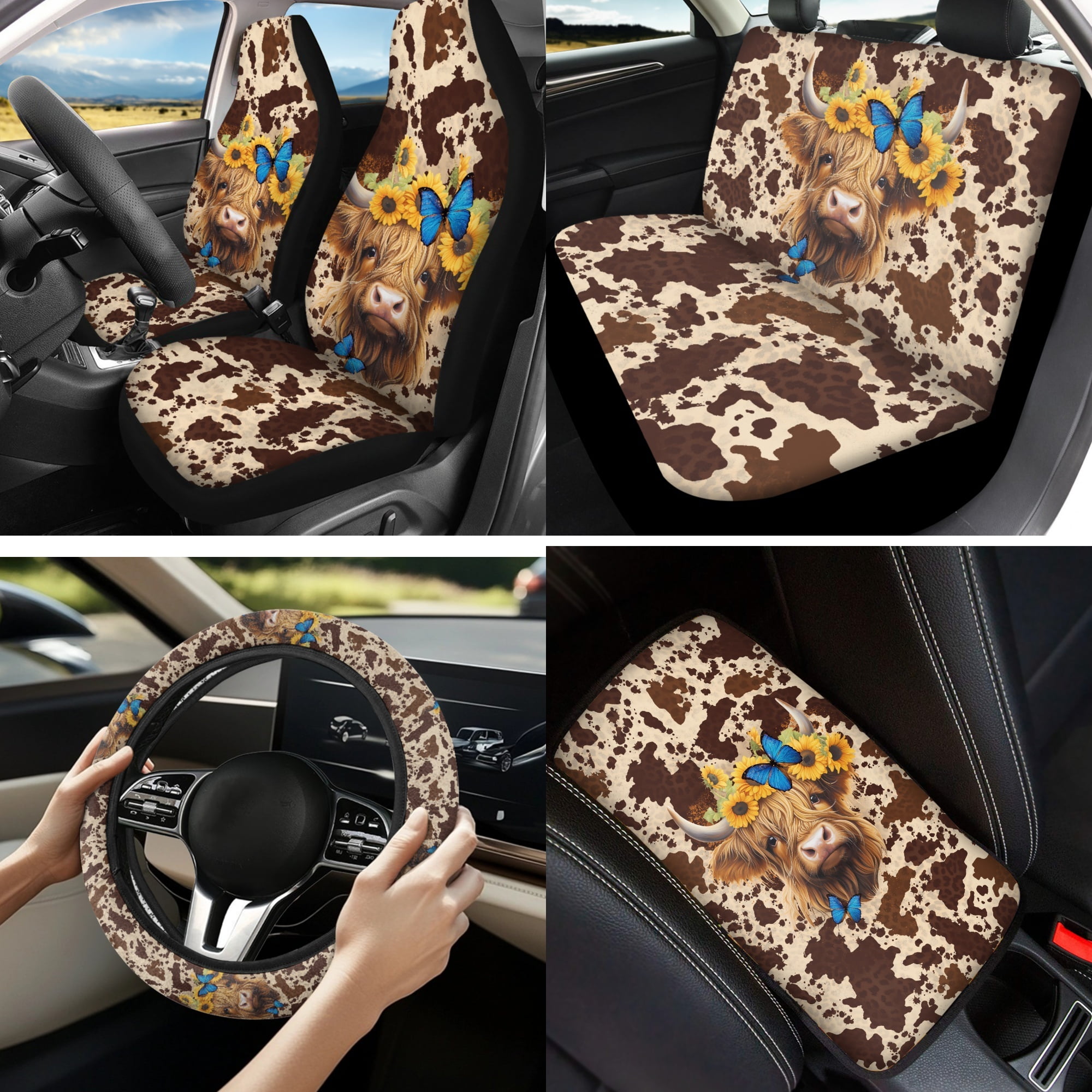 Jeiento Highland Cow Car Seat Covers Front Rear Full Set Steering Wheel Cover Seat Belt Pads Brown Cow Print Armrest Cover Cup Holders Keychain, 13 PCS Automobile Accessory