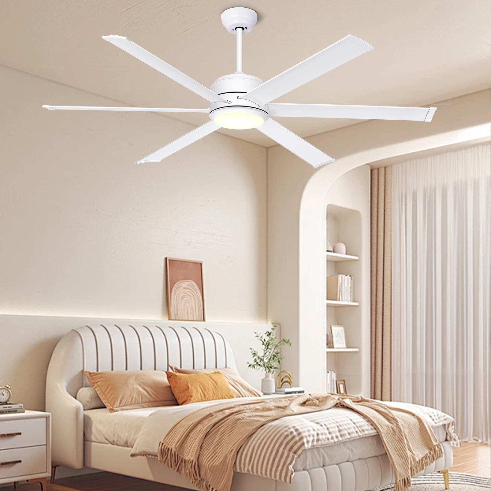 Ohniyou 60" Industrial Ceiling Fan with Lights And Remote, 6 Aluminum Blade Dimmable Farmhouse Indoor Outdoor Ceiling Fan for Patio Living Room, White