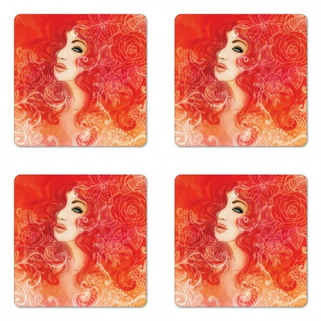 

Fashion Coaster Set of 4 Woman Face with Floral Ornamentals in Hair Glamour Watercolor Modern Artwork Square Hardboard Gloss Coasters Standard Size Orange Cream Red by Ambesonne