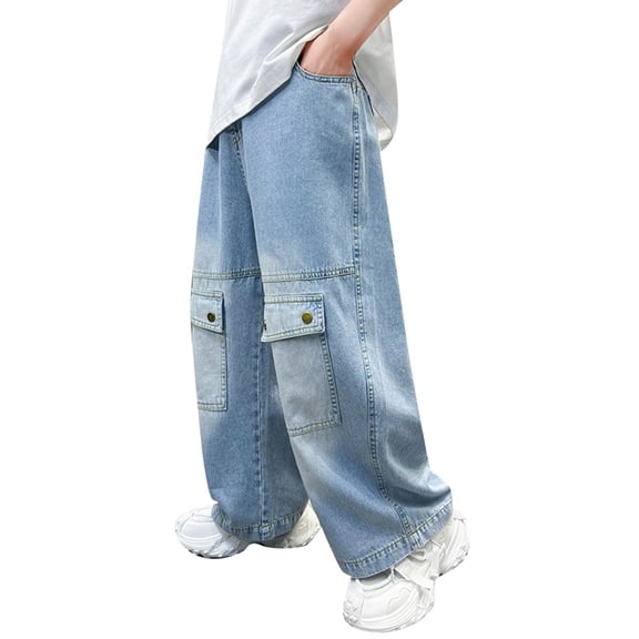 RUTAYY Child Girls' Trousers Fashion Straight Retro Loose Wide Leg Baggy Jeans Casual Comfort, Light Blue, 10-11 Years