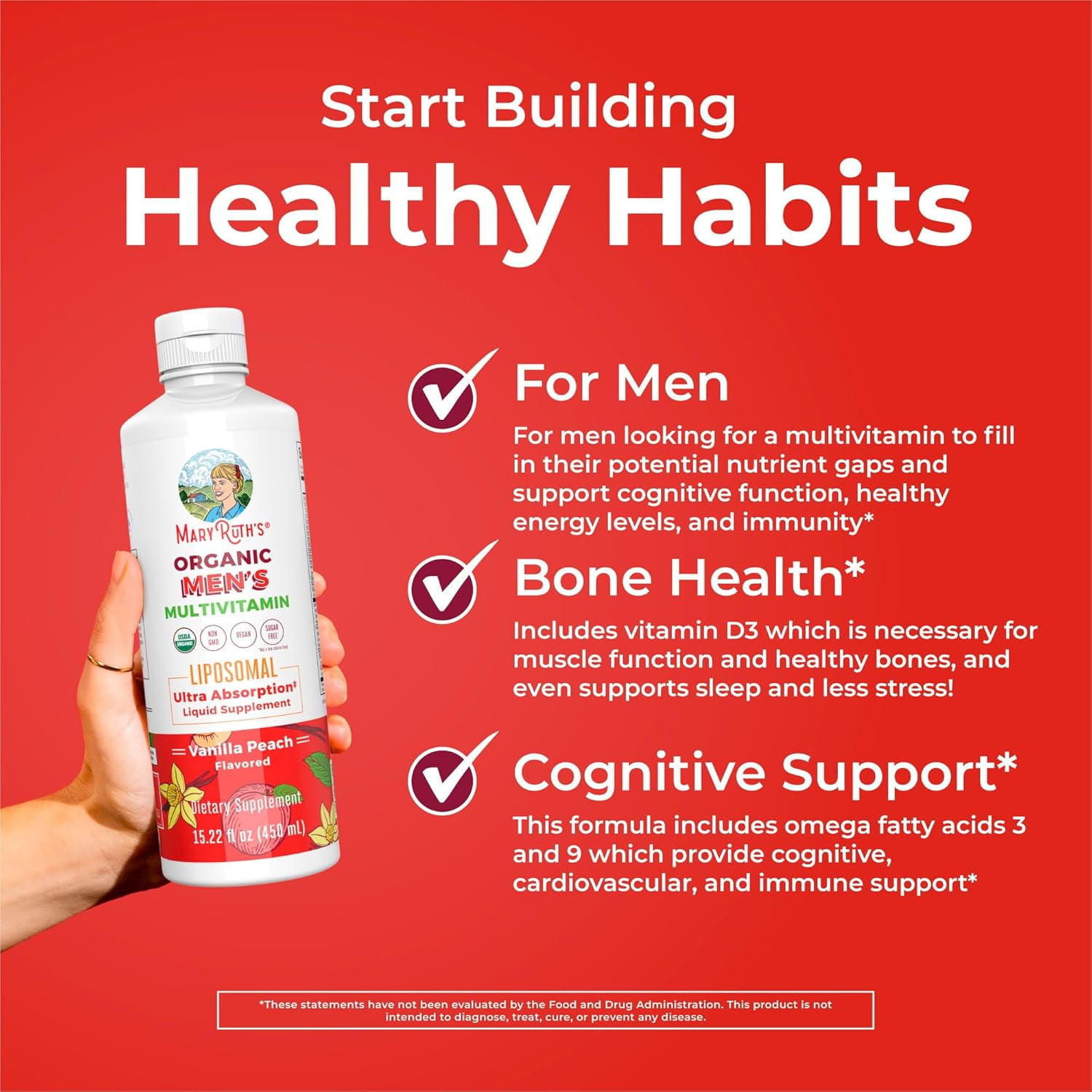 MaryRuth's USDA Organic Men's Multivitamin Liposomal for Energy Support, Immunity, Metabolism, Overall Health, Vanilla Peach Flavor, 15.22 fl oz