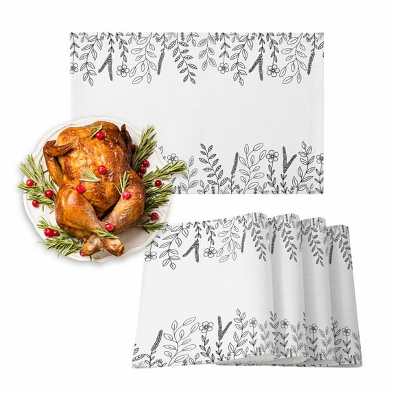 Fall Placemats Set of 6 White Floral Place Mats Thanksgiving Placemat Flower Leaf Branch Table Mats for Dining Kitchen Table Holiday Dinner Party Home Fall Decorations 13x19 Inch