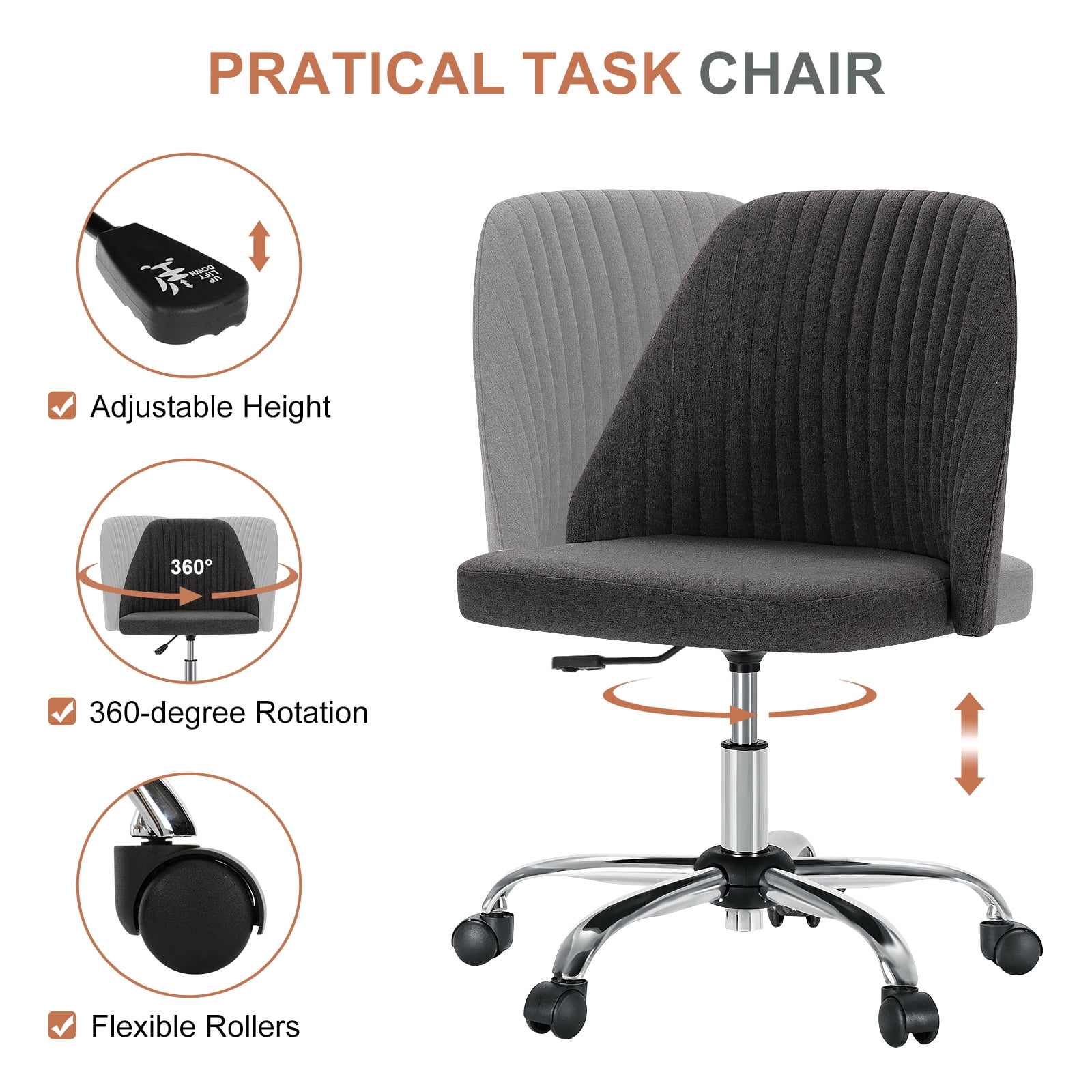Armless Adjustable Swivel Desk Chair with Wheels