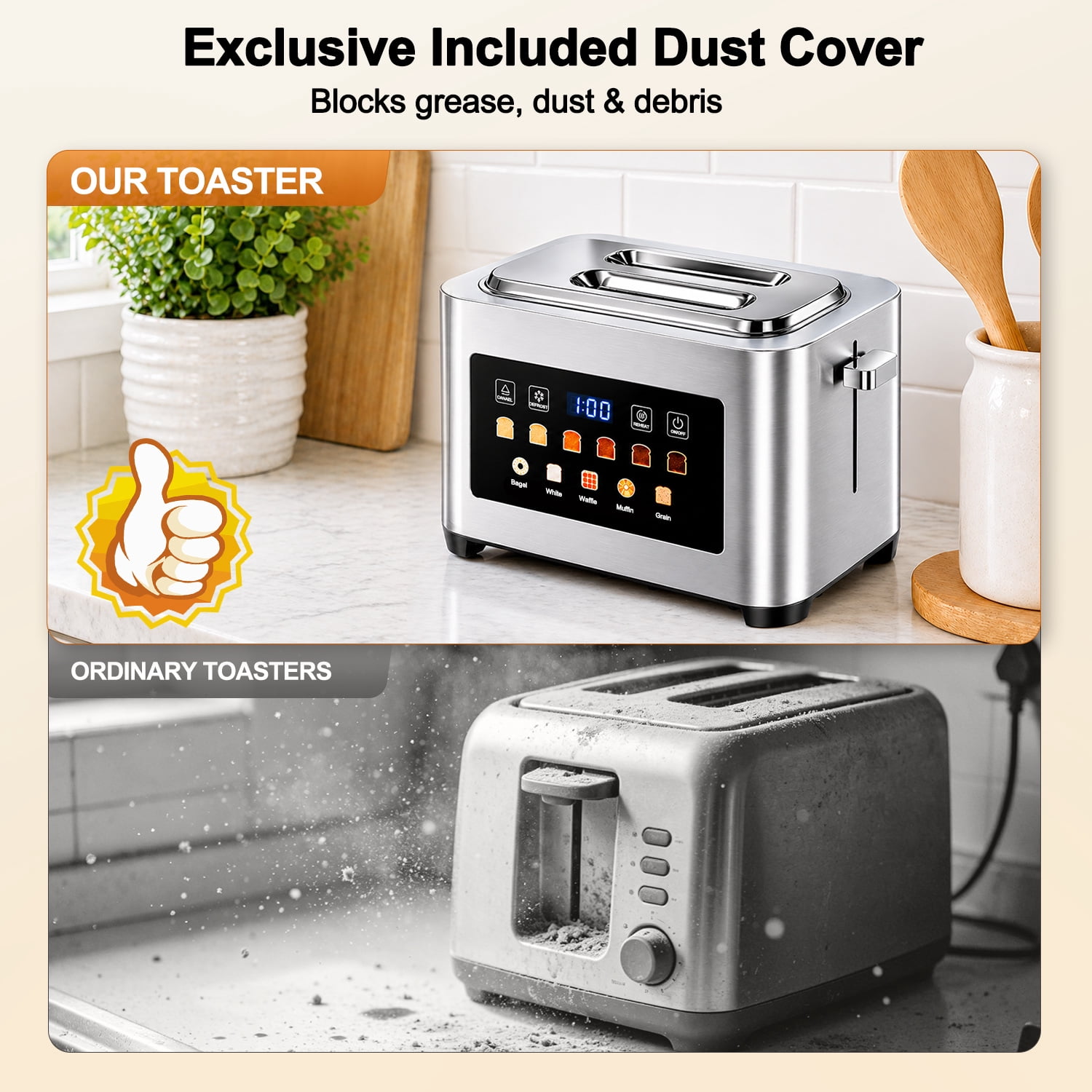 2 Slice Toaster with Dust Cover, Smart Touchscreen Toaster with Countdown Timer, Extra-Wide 1.57" Slots for Bagels & Thick Bread, 6 Browning Levels, Defrost & Reheat, Stainless Steel