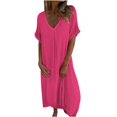 thumbnail image 3 of ClodeEU Women's Linen Blend V Neck Short Sleeve Midi Dress,Lightweight Casual Loose Fit Summer Dress Hot Pink,Women's Plus XXL, 3 of 9