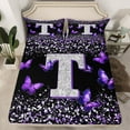 thumbnail image 2 of Feelyou Fashion Monogrammed T Twin Sheet Sets, Bling Butterfly Animal Twin Fitted Sheet, Black Purple Sequin Print Flat Sheet, Luxury Bedroom Decor, 3-Piece, 2 of 7