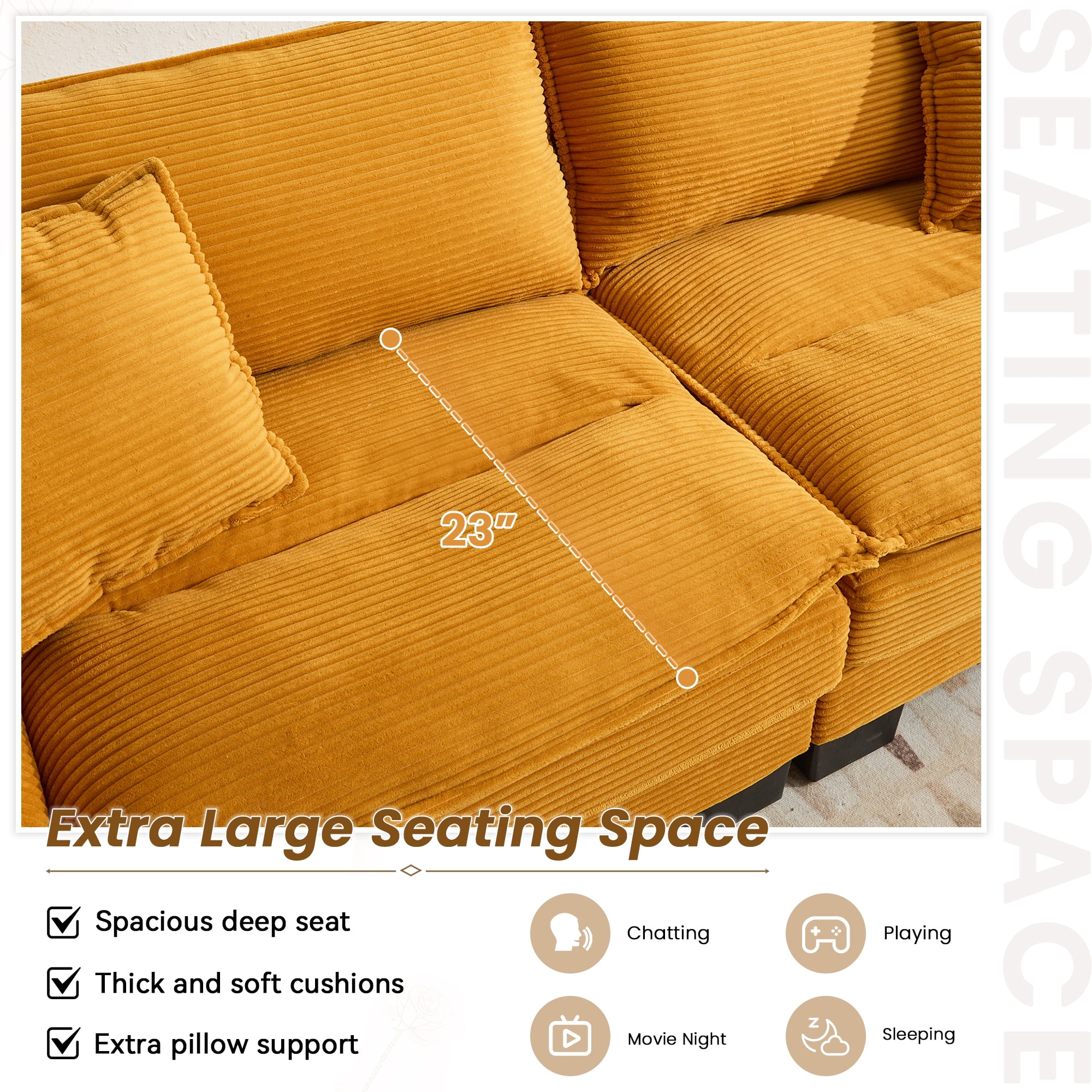 Dinosisco 84"L Deep Seat Sofa, Corduroy Upholstered Sleeper Couch for Living Room, Yellow