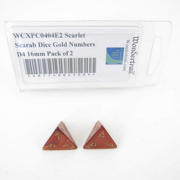 Scarlet Scarab Dice with Gold Numbers D4 Aprox 16mm (5/8in) Pack of 2 Wondertrail