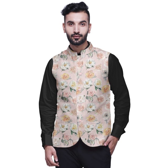 Atasi Floral Printed Wedding Jackets For Men Nehru Jacket Waist Coat For Festive Season-Large