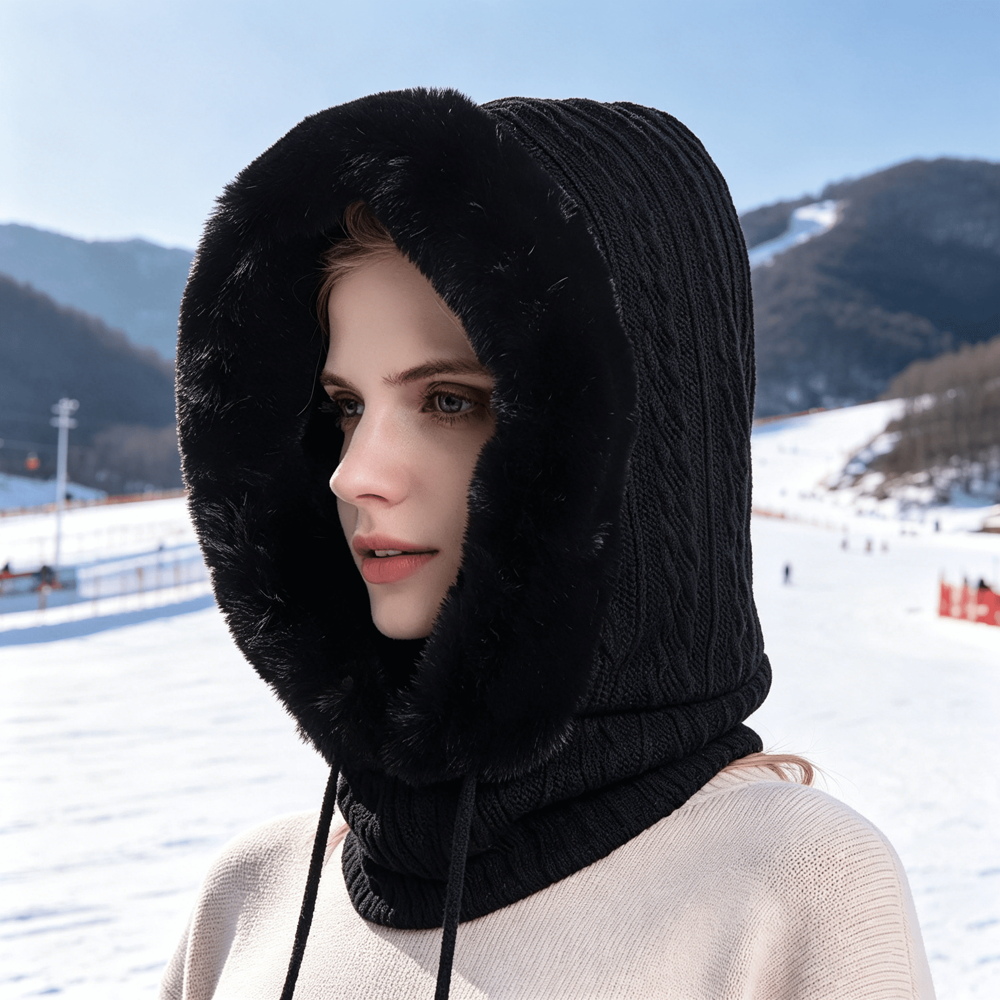 TELOLY 2026 New Women One Piece Slouchy Fleece Beanie Hats with Scarf Mask Drawstring Winter Warm Hooded Balaclava Pullover Cap for Outdoor,Travel,Hiking,Skiing,Snowboarding,Black