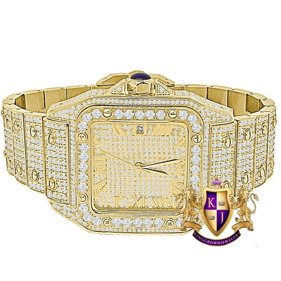 Solid Stainless Steel Roman Dial Face 18K Yellow Gold Finish Iced Out Automatic Movement Date Luxury Handmade Custom Men's Watch