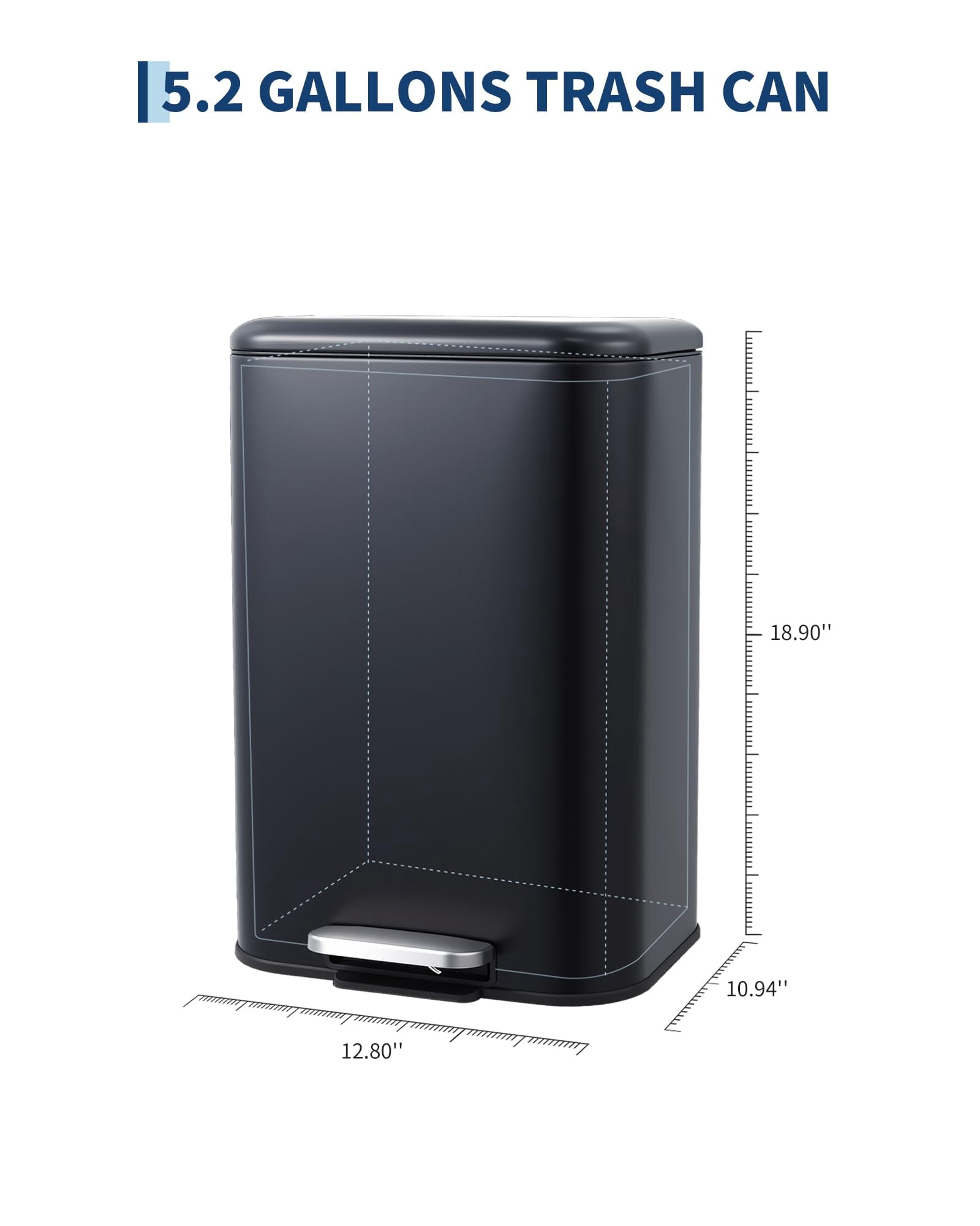 5.2 Gallon Trash Can with Lid, 20L Fingerprint Proof Stainless Steel Kitchen Trash Can with Removable Inner Bucket and Lid Soft Close, Pedal Rubbish Binfor Home, Kitchen, Office（Black）