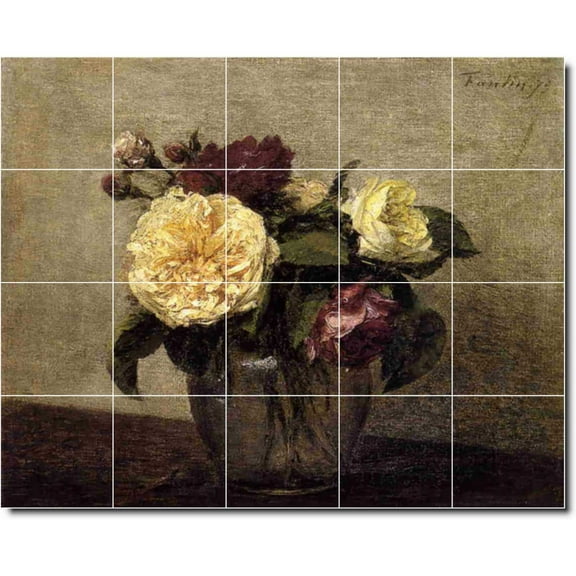 Ceramic Tile Mural-Henri Fantin-Latour Flowers Floor Tile Mural 19. 21.25" w x 17" h using (20) 4.25 x 4.25 ceramic tiles