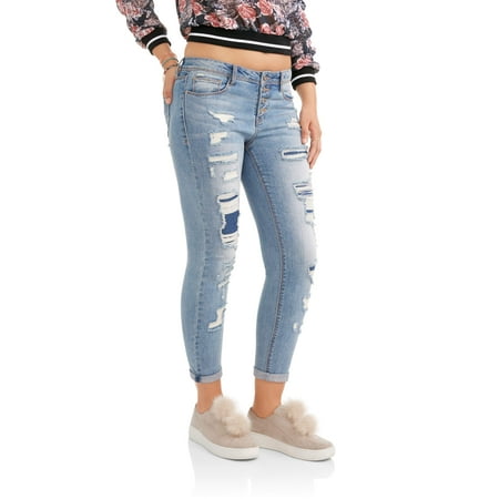 No Boundaries Juniors' Destructed Relaxed Rolled Cuff Skinny Jeans