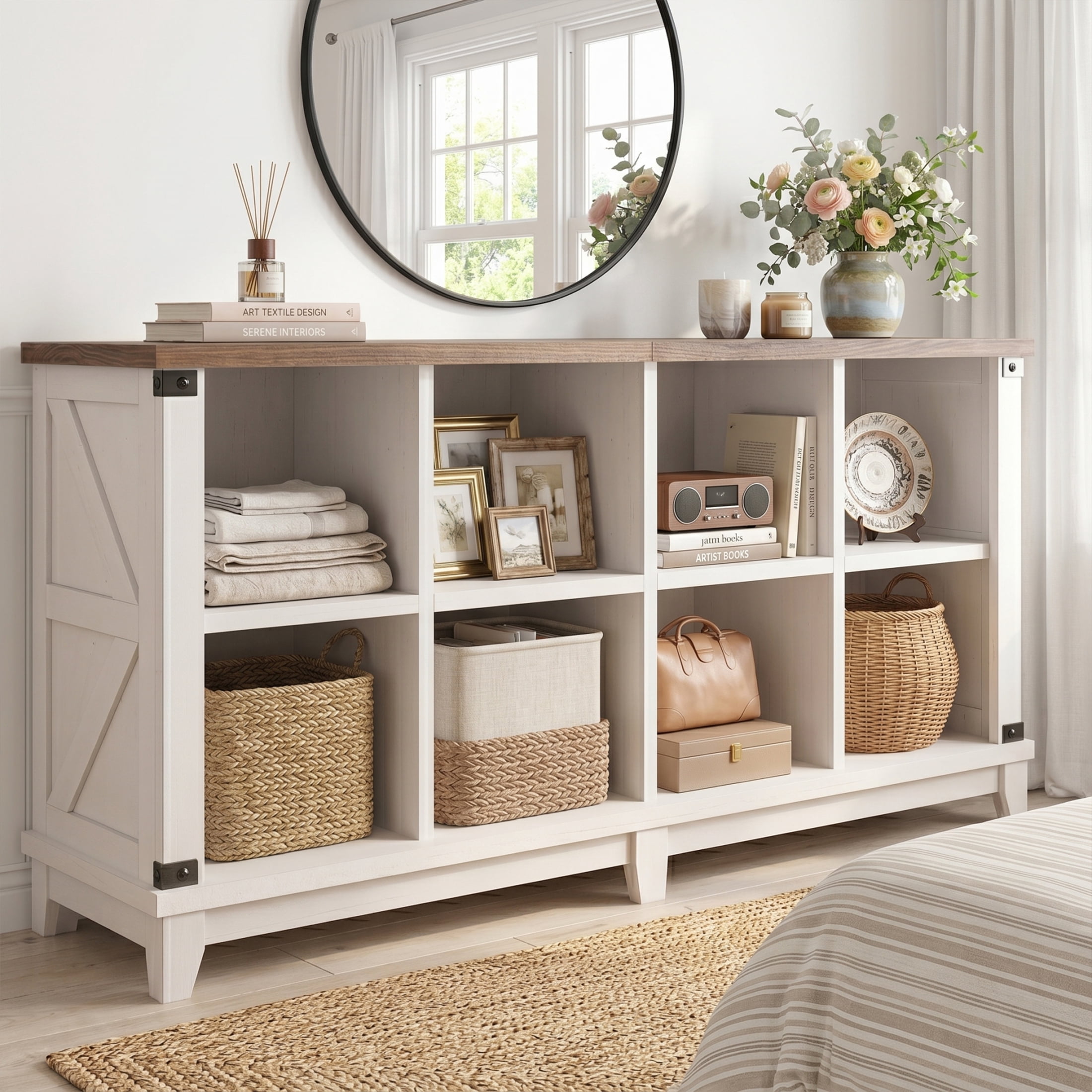 Prilinex Farmhouse 8-Cube Storage Organizer with 4 Storage Bins, Low Wooden Cube Bookshelf, Horizontal Bookshelf for Living Room Entryway Bedroom, White