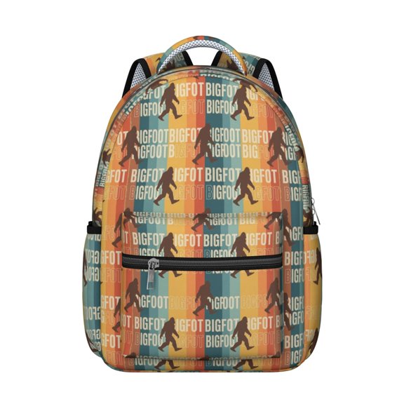 Bigfoot and Stripe Orange Pattern Backpack for School, Cute School Bag with Adjustable Shoulder Straps and Padded Back, 15.3"x11"x7.1"