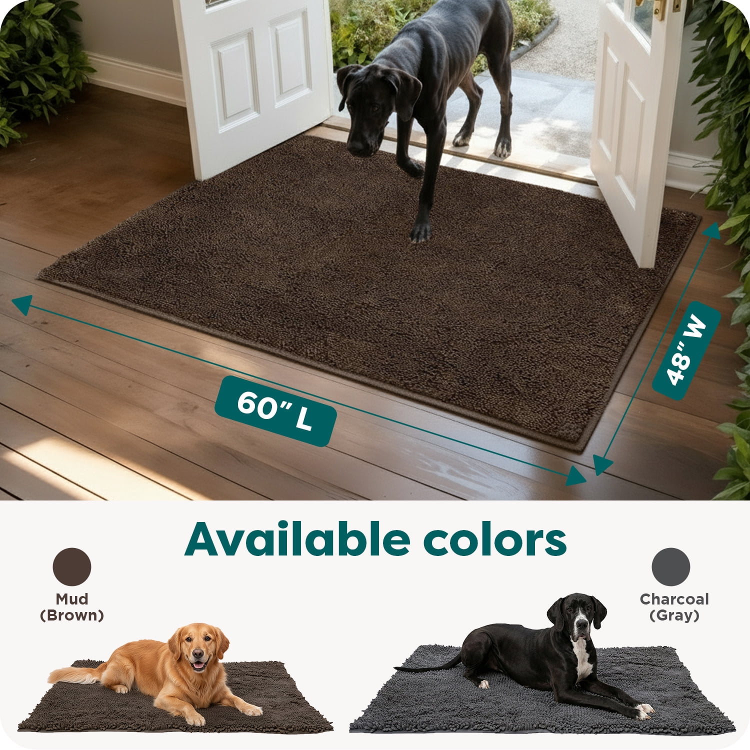 FurHaven Ultra Absorbent Dog Door Mat, Muddy Paws Chenille Rug with Machine Washable & Non Slip Backing for Cleaner Floors & Pet Safety, Jumbo Plus XXXL, Mud Brown