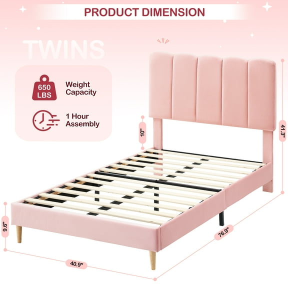 EastVita Pink Twin Bed Frame for Girls, Twin Size Velvet Upholstered Bed Frame with Headboard, No Box Spring Needed, Wooden Slats Support, Easy Assembly