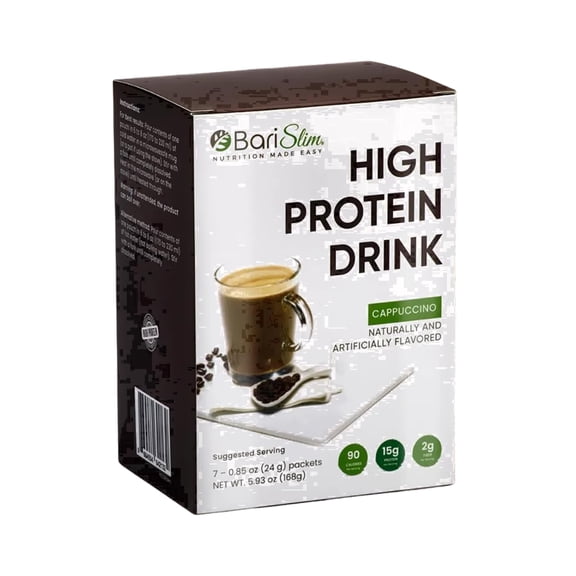 BariSlim High Protein Drink Mix Powder, Muscle Recovery & Energy Support, Cappuccino Flavor, 7 Count, 9 oz, Adult