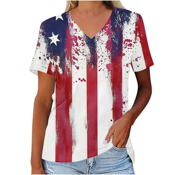 Youyipin Womens Tops 4Th Of July Shirts For Women American Flag Print 3/4 Sleeve Patriotic Tops Crewneck Blouses Independence Day T-Shirt Graphic Tees For Women