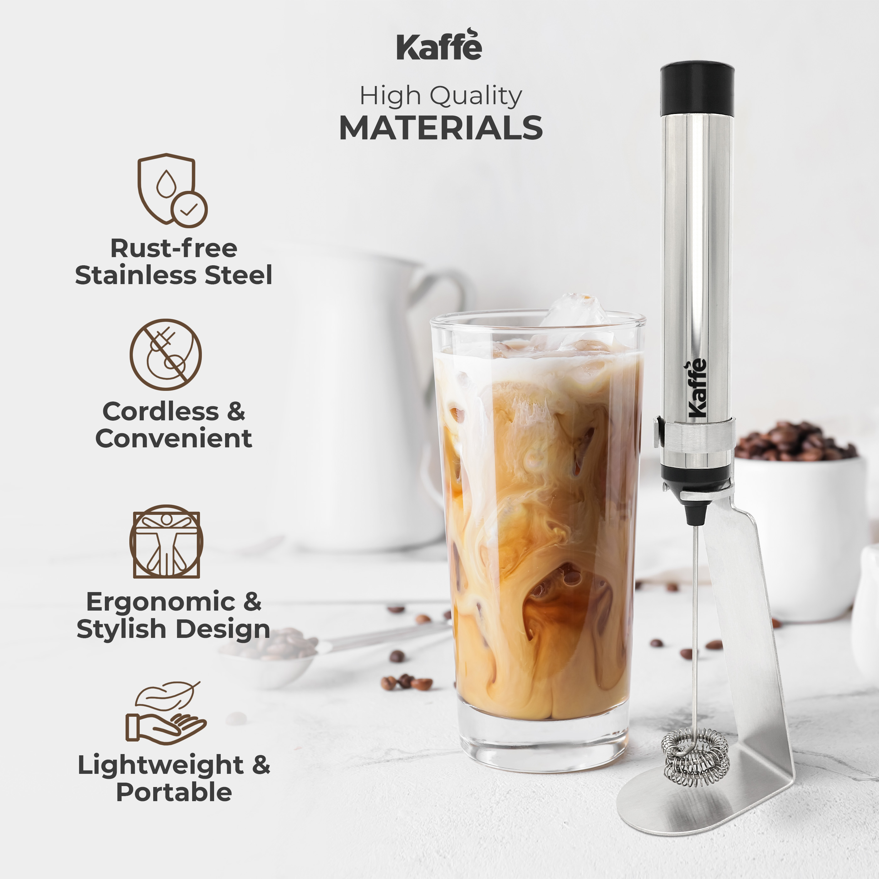 Kaffe Handheld Milk Frother Whisk with Stand Cordless Electric Hand Mixer, Silver