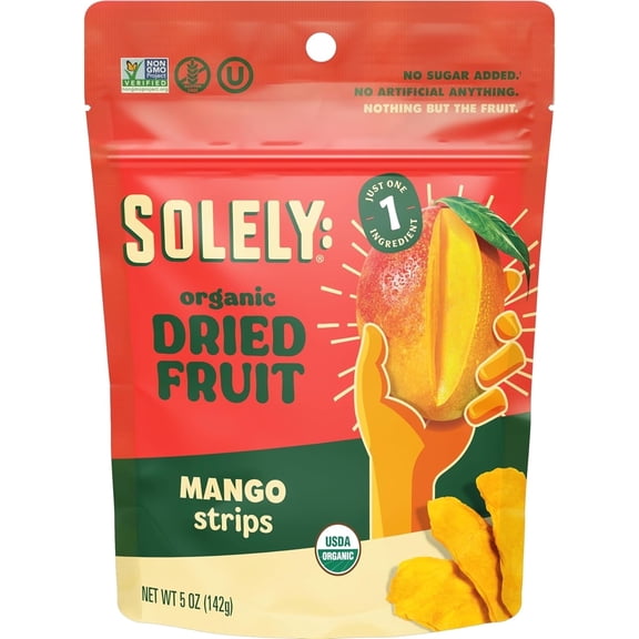 SOLELY Organic Dried Mango Strips (5 oz Resealable Bags, pack of 4), Real Fresh Fruit, 1 Ingredient, Healthy Snacks for All, Vegan, 4 Bags (20 oz)