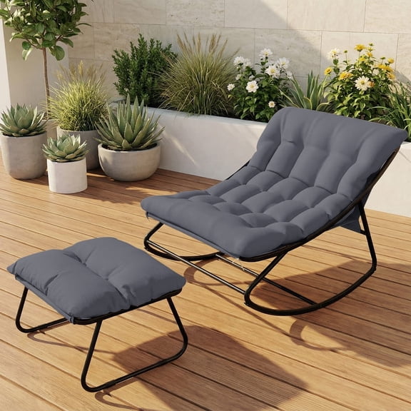 ELPOSUN Outdoor Papasan Rocking Chair, Cushioned Lounge Chair with Ottoman and Sturdy Metal Frame, Patio Egg Rocker for Balcony Backyard Porch Bedroom, Gray
