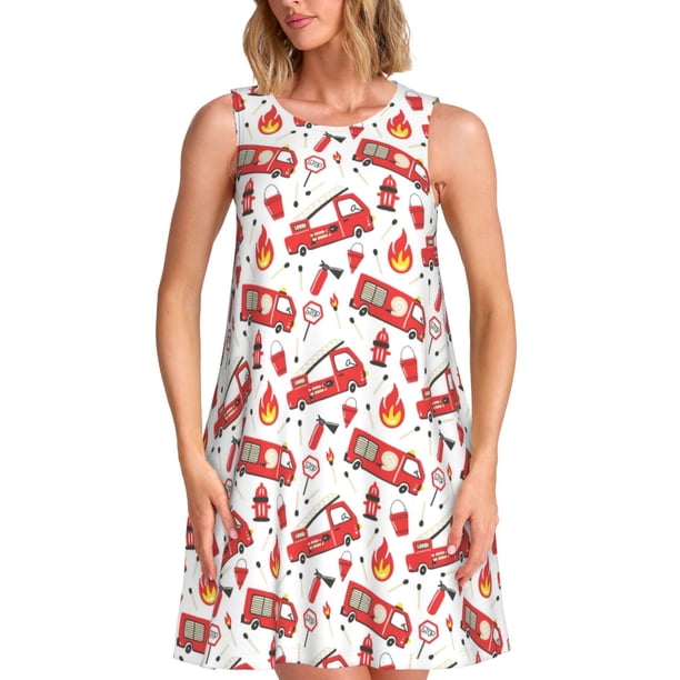Easygdp Fire Truck para Vestido Transpirable de Mujer, Vestido Suelto de Manga Corta con Pliegues y Bolsillos para el Verano
