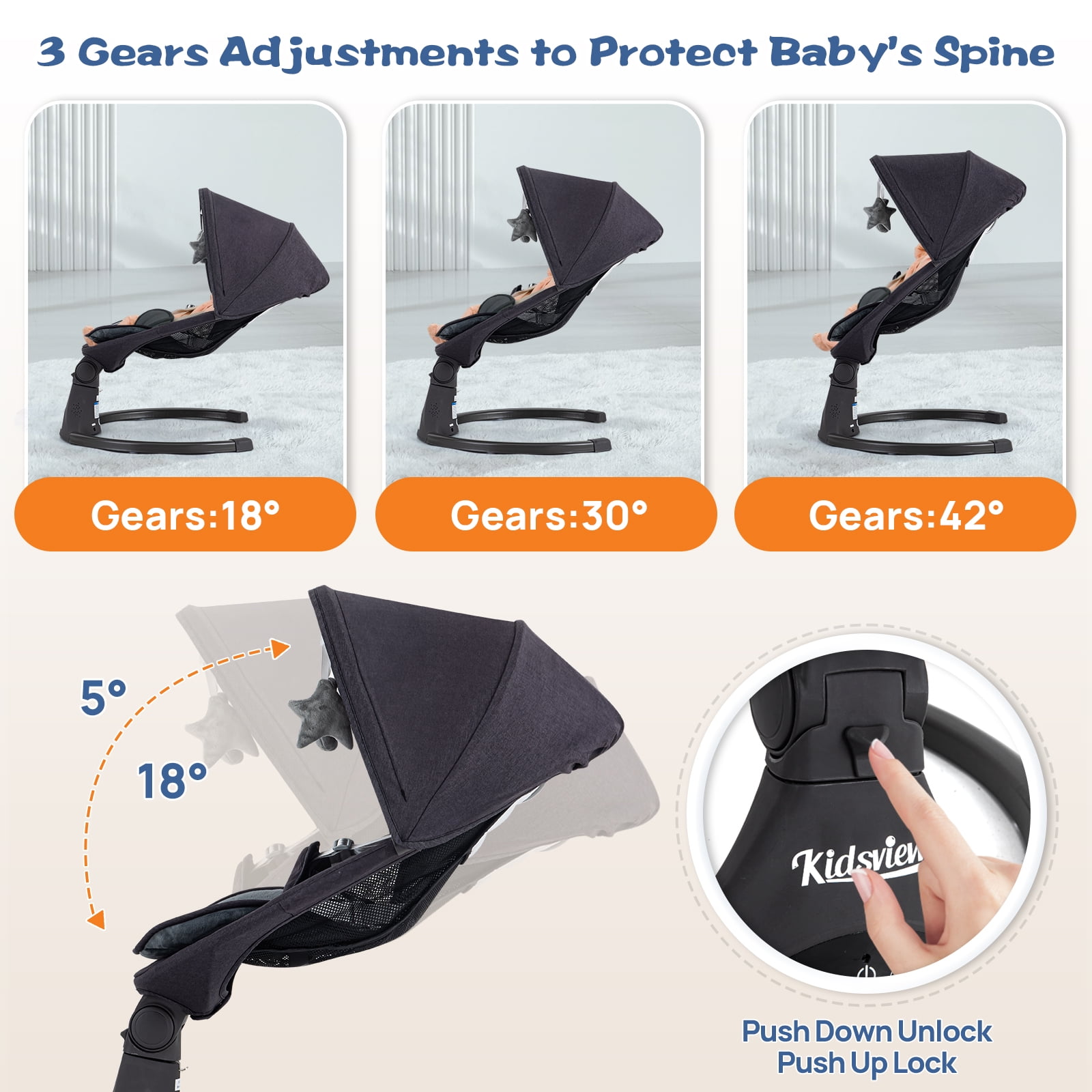 Electric Baby Swing for Infants ,Portable Baby Swing  with Timing Function 5 Swing Speeds Bluetooth Touch Screen,Music Speaker 12 Preset Lullabies for Babies 0-9 Months,0-20lb,Unisex,Black