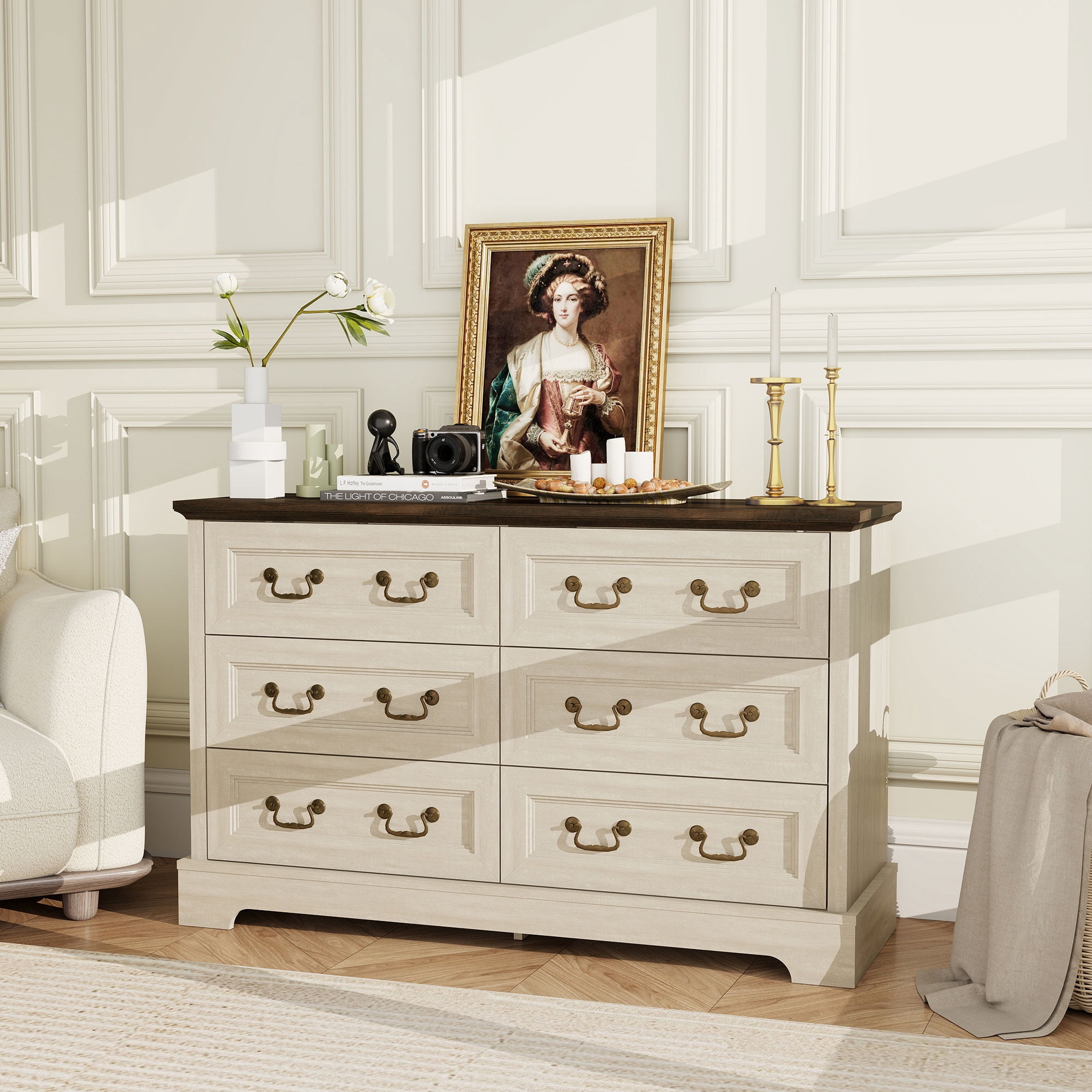 Farmhouse 6-Drawer Dresser, 47.2" Storage Chest for Bedroom, Living Room & Hallway, Gray