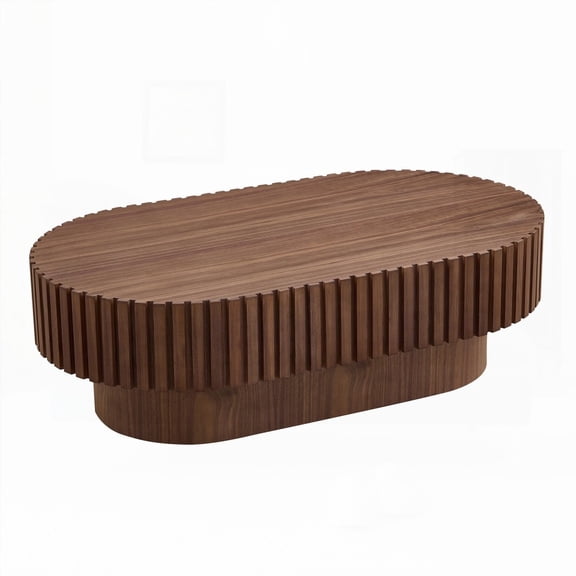 43.70 Inch Modern Handcrafted Oval Coffee Table, Walnut with Sturdy MDF Pedestal for Living Room & Bedroom