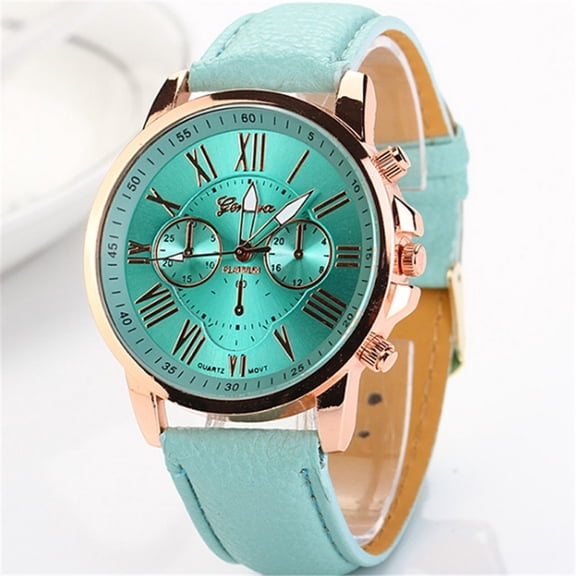 Casual Quartz Wristwatch for Women Fashion PU Leather Strap Green Dial Analog Watch with Roman Numerals 40mm Case 1.57 in