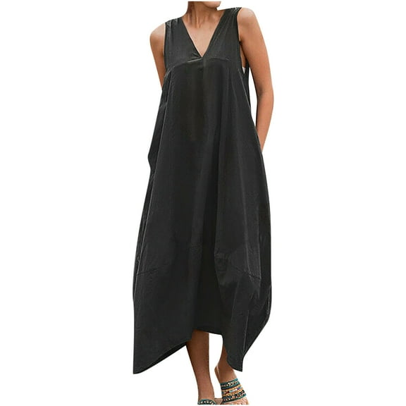 IROINNID Women's Sundress Casual Loose V Neck Sleeveless Backless Adjustable Lacing Dress Long Dress Solid Color Drop Waist Dress