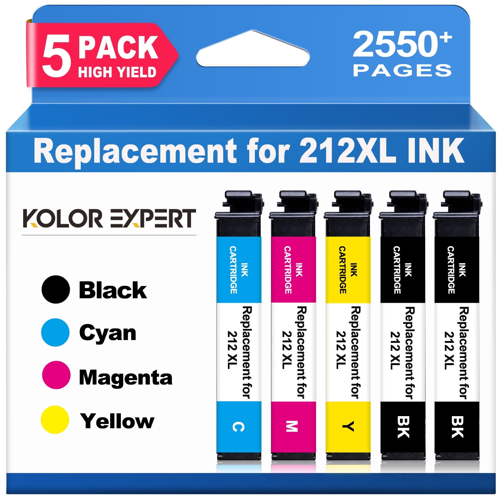 212xl Ink Cartridge Compatible for Epson 212 Ink for Epson Workforce WF-2850 WF-2830 Expression Home XP-4100 XP-4105 Printer ( Black Cyan Magenta Yellow, 5-Pack)