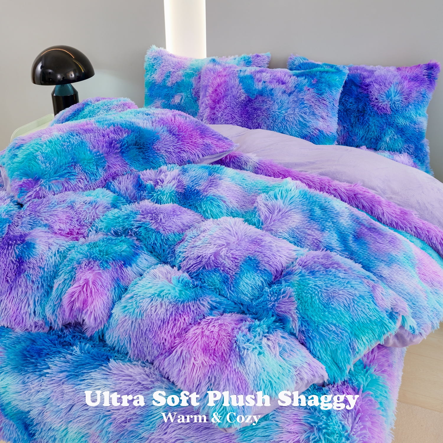 URBONUR 3Pcs Blue Purple Queen Bedding Set for Women Faux Fur Comforter Tie Dye Fluffy Comforter Set Cozy Fuzzy Shaggy Bed Sets(1 Furry Bedding + 2 Plush Pillowcases)