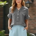thumbnail image 7 of HOMBOM Womens Cotton Linen Shirts Summer Button V Neck Short Sleeve Plus Size Boho Gray Solid Blouse for Women, 7 of 7