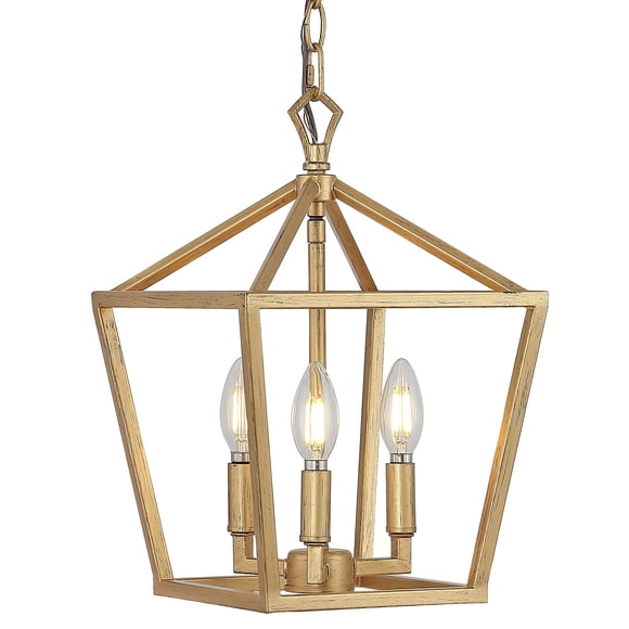 JONATHAN Y JYL7601B 10" 3-Light Farmhouse Pendant Lantern, Brass Gold Pagoda Cage Chandelier for Kitchen Island, Foyer, Entryway,