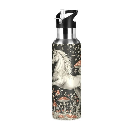 

ALAZA Unicorn and Mushroom Water Bottle Insulated Flask Stainless Steel Straw Lid 20 oz