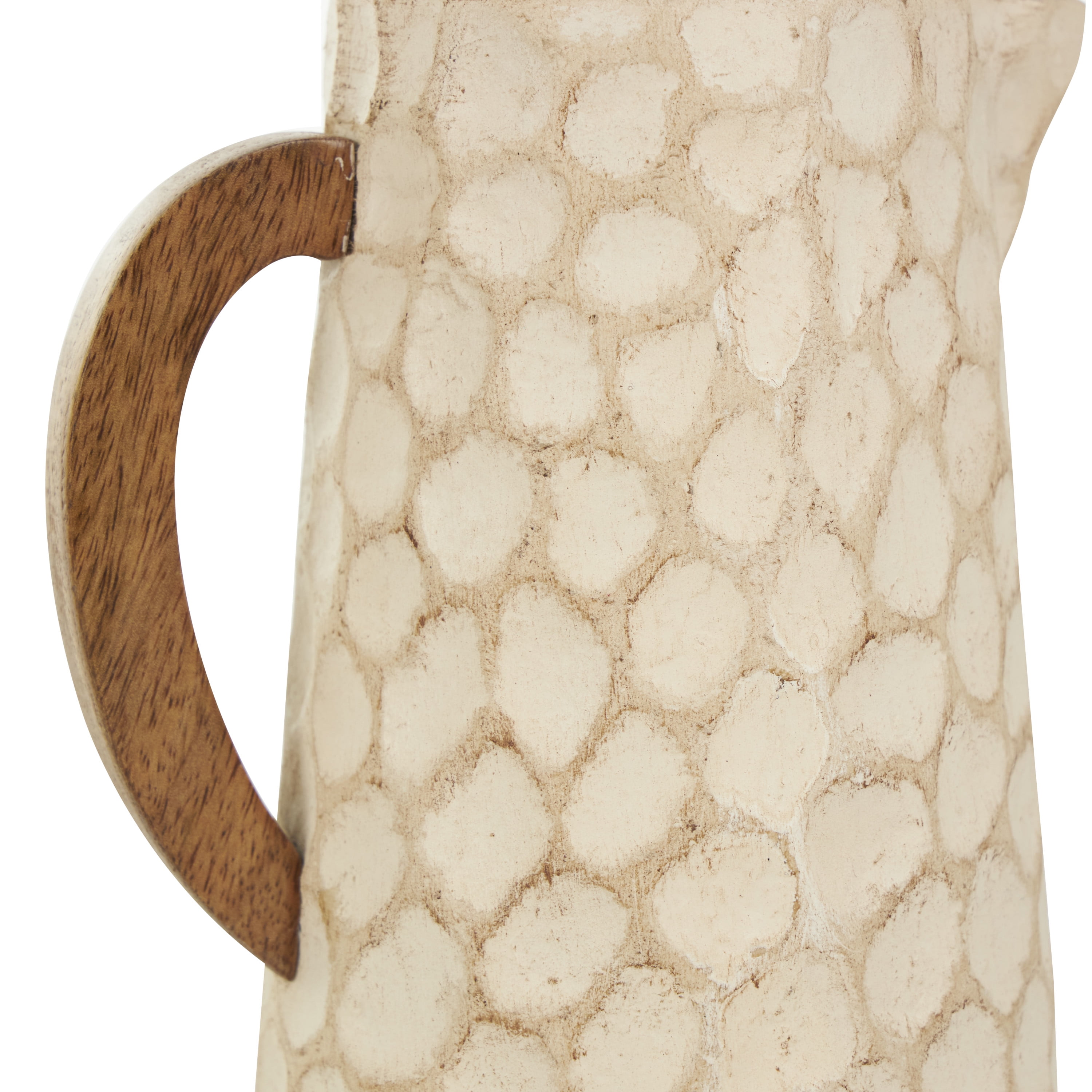 DecMode 6"W,9"H Honeycomb Inspired Jug Beige Paper Mache Vase with Brown Wooden Handles, Set of 2