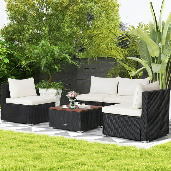 Gymax 5PCS Rattan Patio Conversation Sofa Set Outdoor Furniture Set w/ Off White Cushions