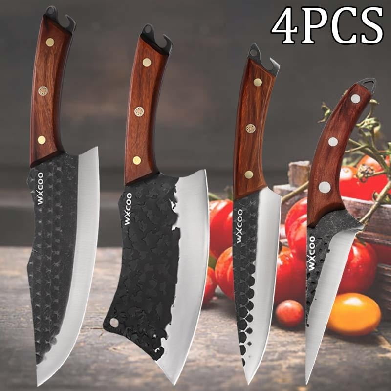 4PCS Handmade Utility Knife Stainless Steel Santoku Knife Forged Knife Multipurpose Knife Sharp Chef Knife Unique Knives for Cooking Kitchen Must Haves Fruit Fish Meat Cleaver Boning Knife Barbecue