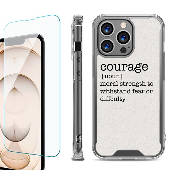 Shockproof Bumper Phone Case for iPhone 13 Pro Max, with Tempered Glass Screen Protector, by OneToughShield ® - Dictionary/Courage