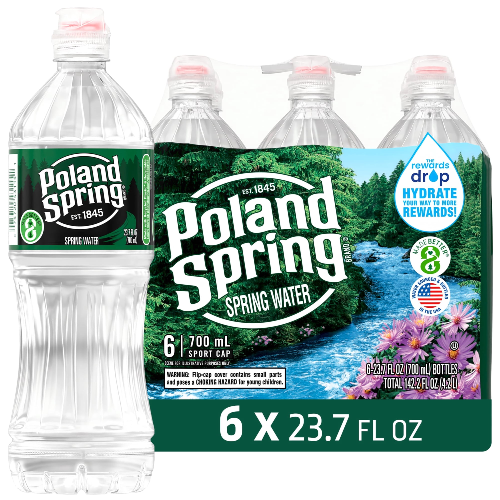 Poland Spring Maine Spring Water, Sport Cap, 23.7 fl oz, 6-pack Plastic Bottles