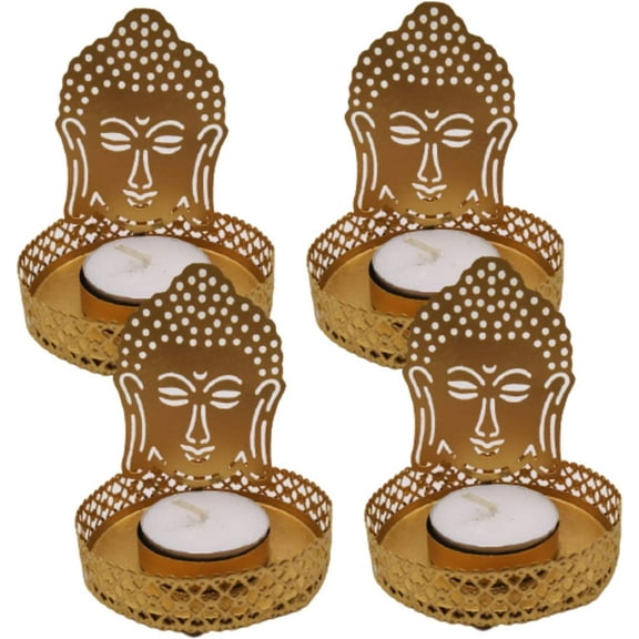 India Meets India Brass Tealight Candle Holder, Tea Light Holder with Tea Light Handicraft by Awarded Indian Artisan (Gautama Buddha, Set of 4)