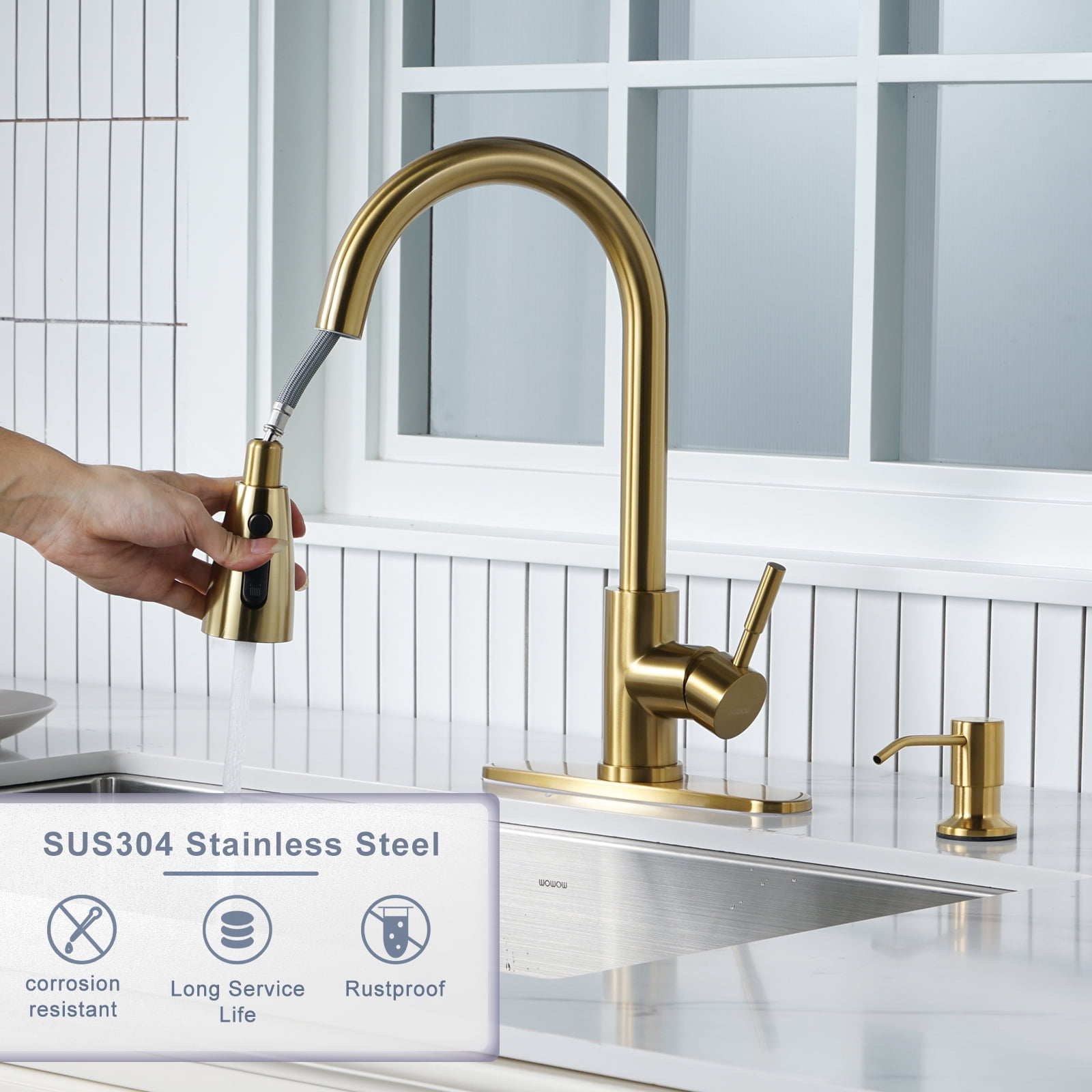 Wowow Single Handle Stainless Steel Pull Down Kitchen Faucet with Sprayer and Soap Dispenser, Gold