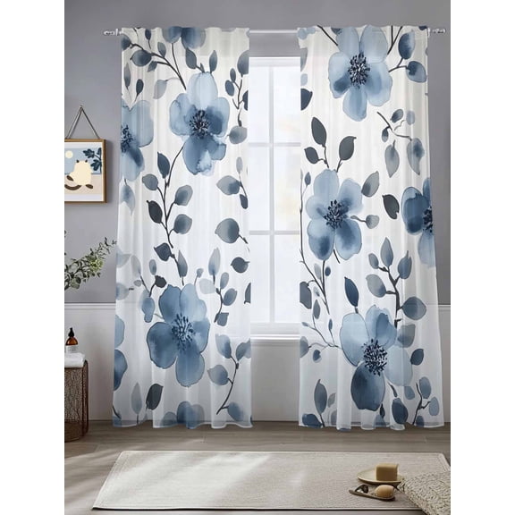 Blue Flowers Sheer Curtains 84 Inches Long 2 Panels Retro Spring Watercolor Floral Leaves Light Filtering Semi Sheer Window Curtains Drapes for Bedroom Living Room 52"x84"
